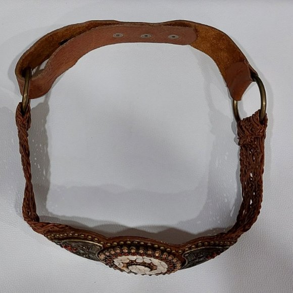 ?STUNNING?Vintage Genuine Leather and Stones Embellished Belt in Cognac Brown main image 5